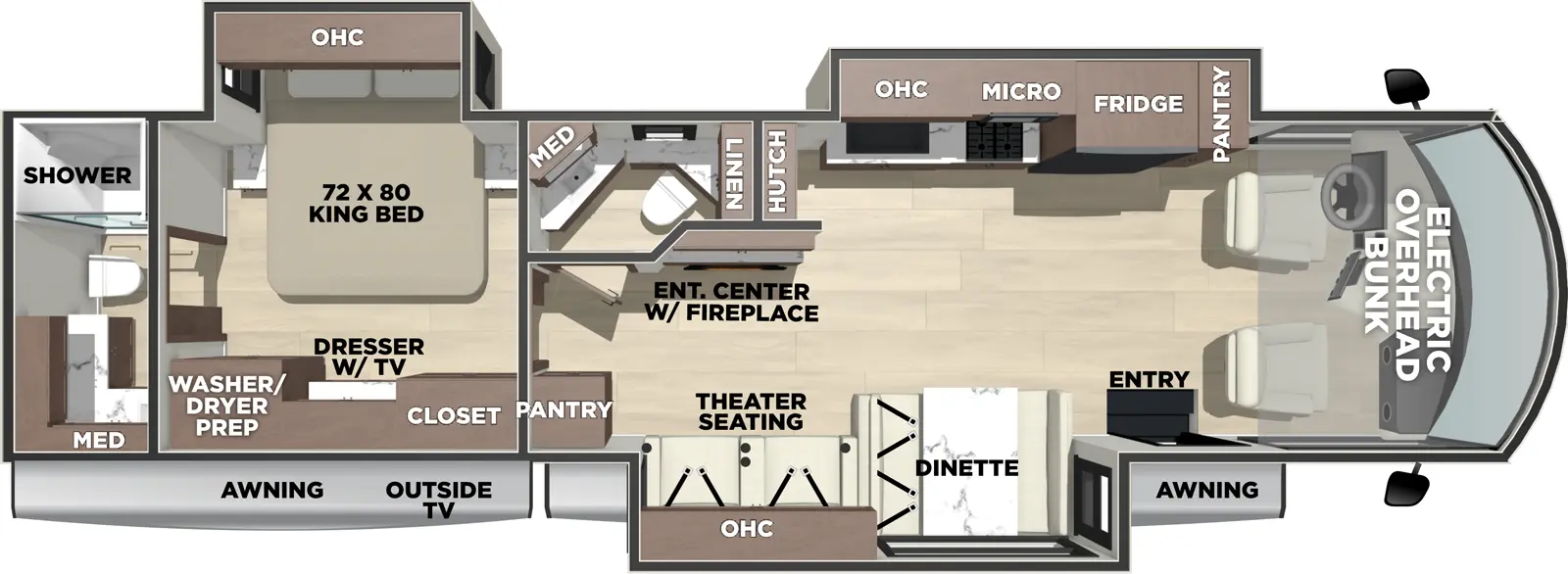 The Georgetown 5 Series GT5 34H5 floorplan has one entry and three slide outs. Exterior features include: 17' & 12' awning and outside entertainment. Interiors features include: rear bathroom, bathroom and a half, bunk over cab and dinette.